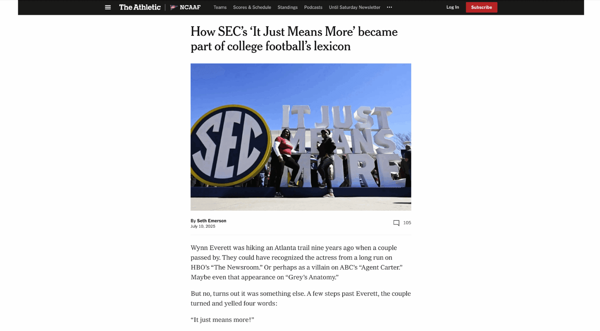 Screenshot of The Athletic article “How SEC’s ‘It Just Means More’ became part of college football’s lexicon,” showing two fans posing beside giant SEC “It Just Means More” letter sculptures