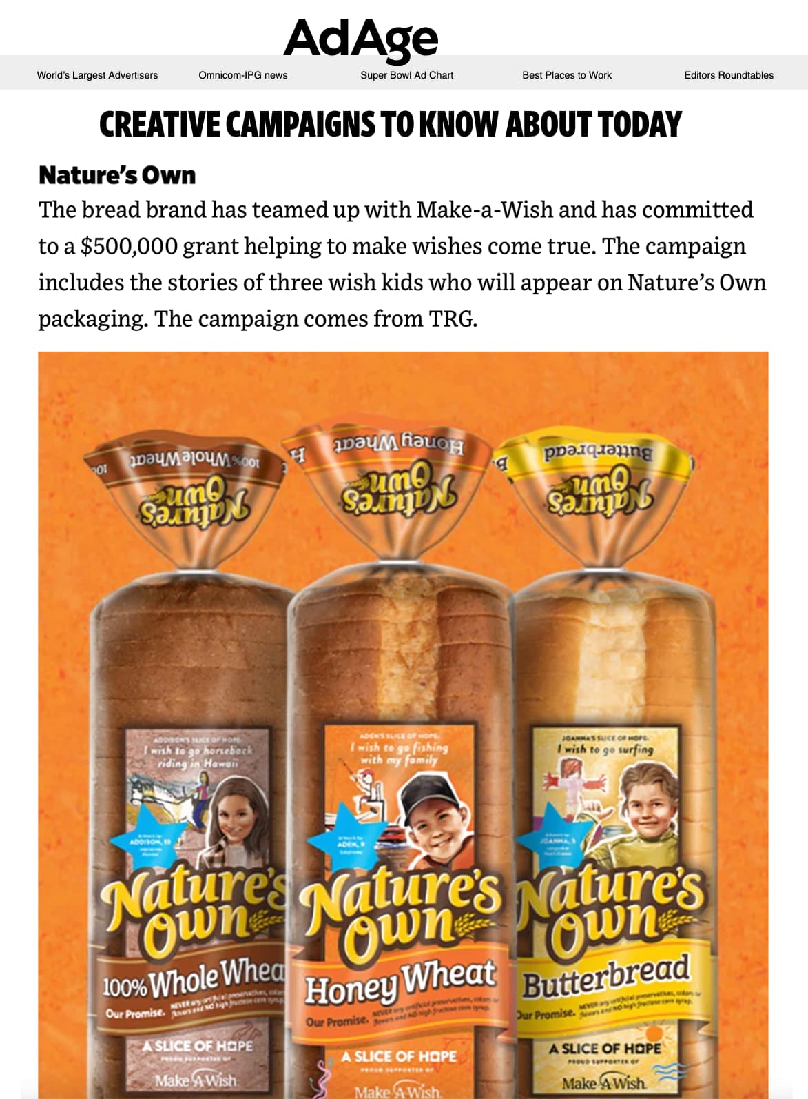 Screenshot of the Ad Age “Creative Campaigns to Know About Today” feature on Nature’s Own, showing three loaves with “A Slice of Hope” Make-A-Wish packaging