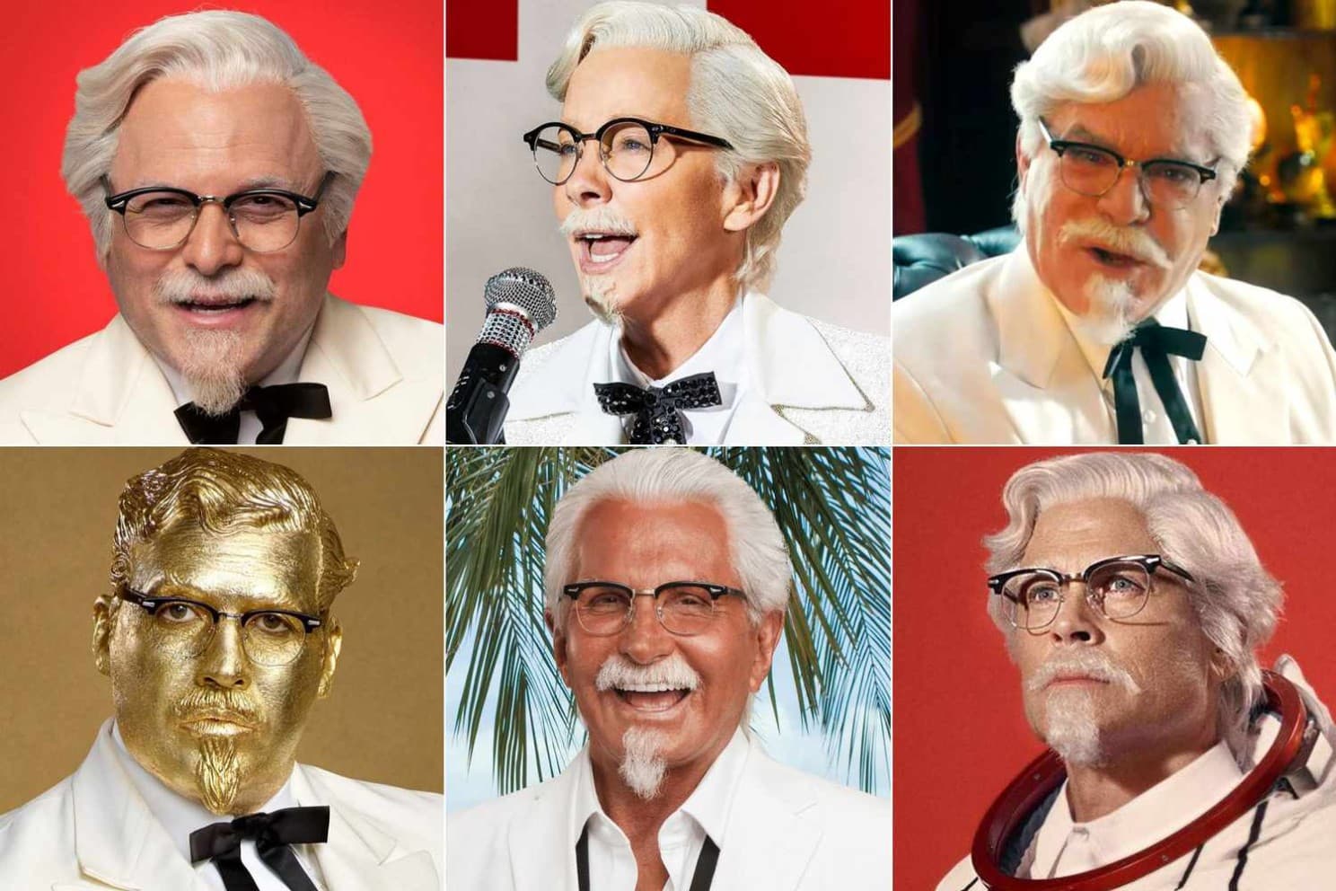 A grid of six different Colonel Sanders portrayals from KFC advertising, including a gold-painted version