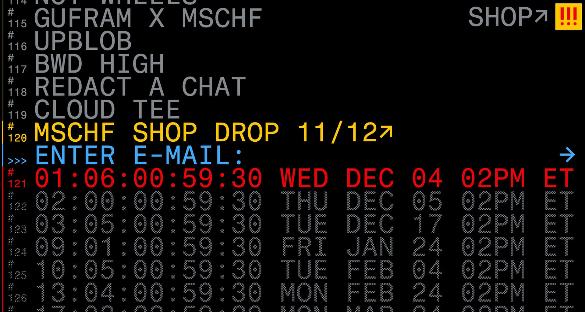 A MSCHF product-drop list on a black screen with a countdown timer and an “enter e-mail” prompt