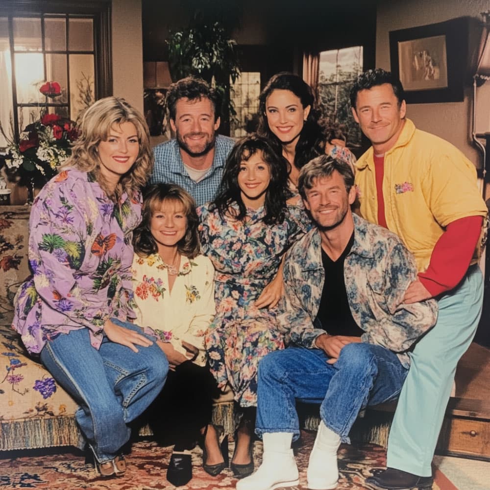 A 1990s sitcom ensemble cast posing together on a living-room set