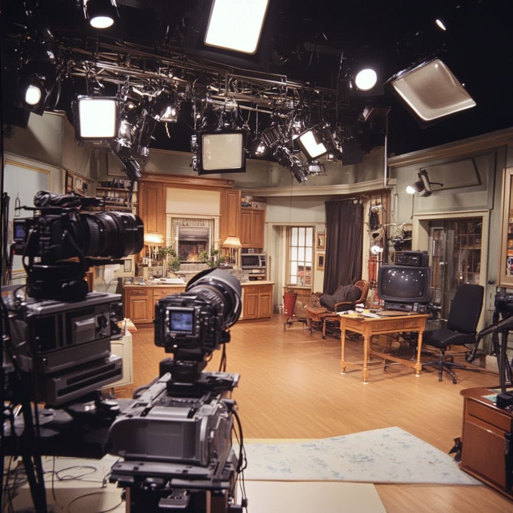 A multi-camera sitcom soundstage with studio cameras and lights facing a living-room set