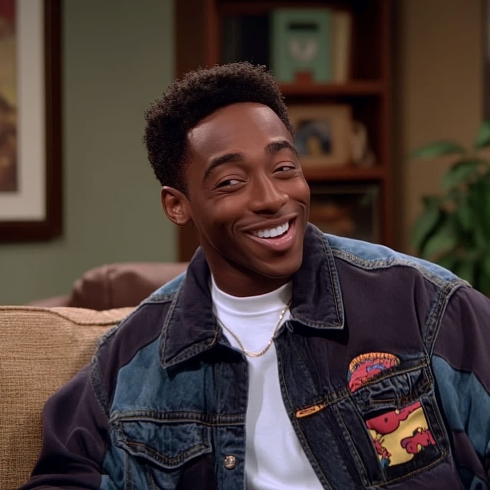 A smiling 1990s sitcom character in a denim jacket seated on a couch