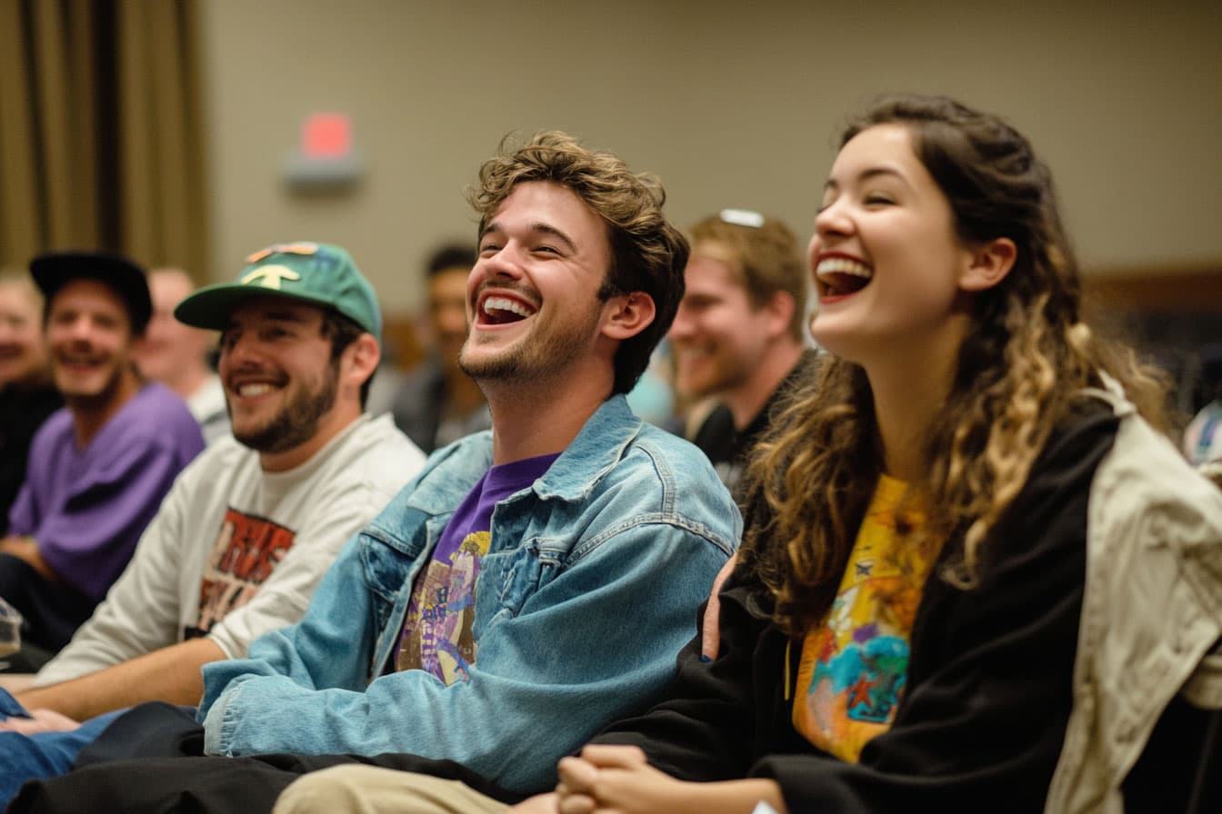 A studio audience laughing during a sitcom taping