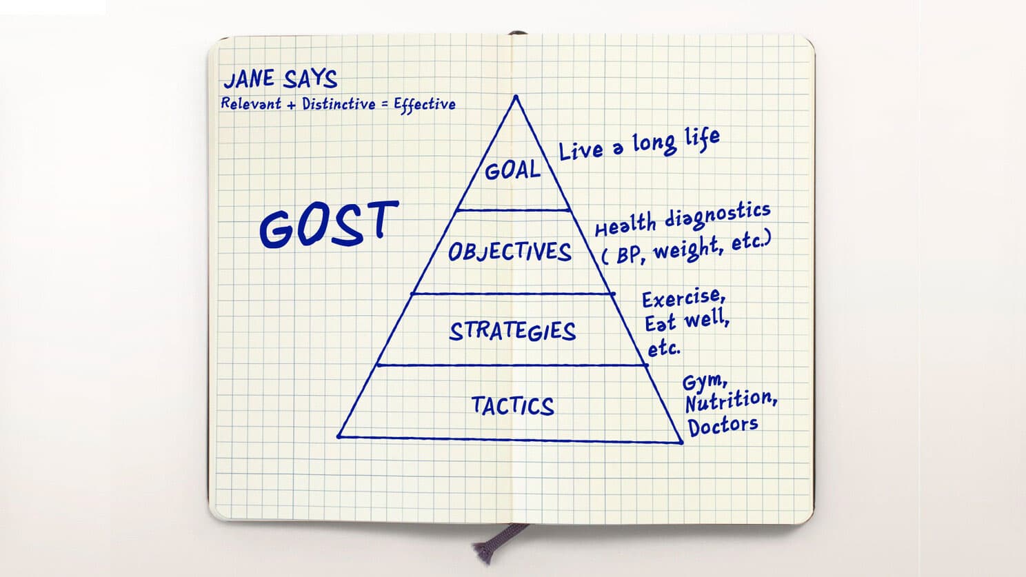 A hand-drawn Moleskine sketch of the GOST pyramid — Goal, Objectives, Strategies, Tactics from top to bottom — annotated with a “live a long life” health example, headed “Jane says: Relevant + Distinctive = Effective”