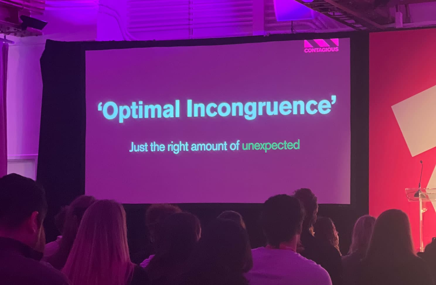 A Most Contagious 2024 conference slide reading “‘Optimal Incongruence’ — Just the right amount of unexpected”