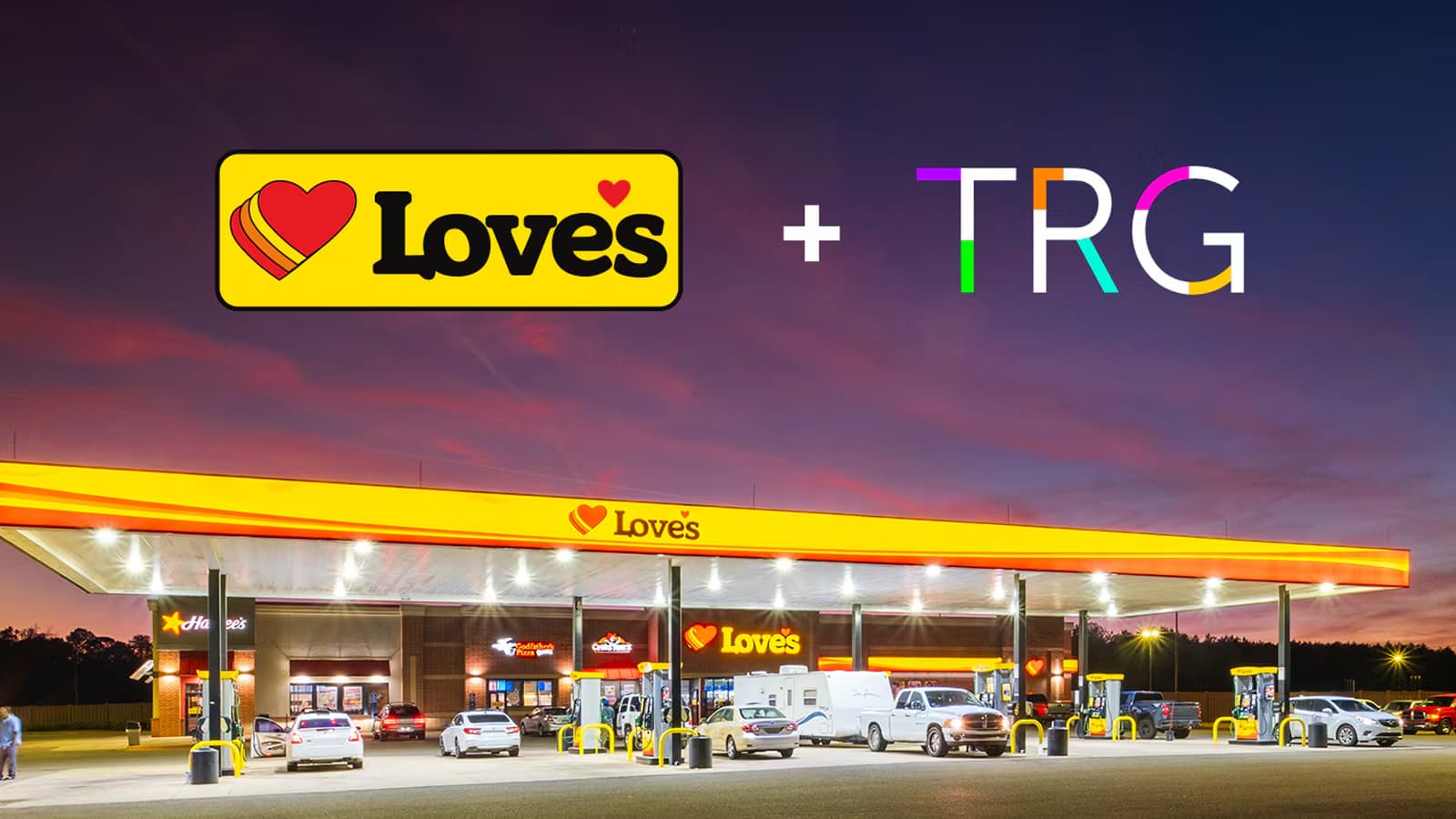 A Love’s Travel Stop fuel station lit at dusk with vehicles fueling under the canopy, overlaid with a “Love’s + TRG” logo lockup